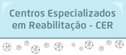 A arte apresenta uma divisão entre duas cores, azul e branco. Na parte de cima, azul, está o título "Centros especializados em reabilitação - CER"